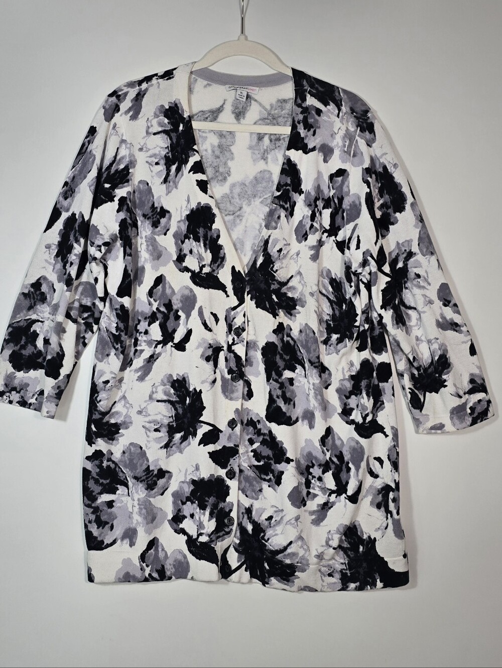 Isaac Mizrahi Live! Black and White Floral Open Cardigan